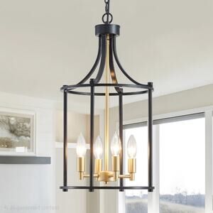 4-Light Lantern Chandelier Black & Gold Farmhouse Pendant Light Fixture